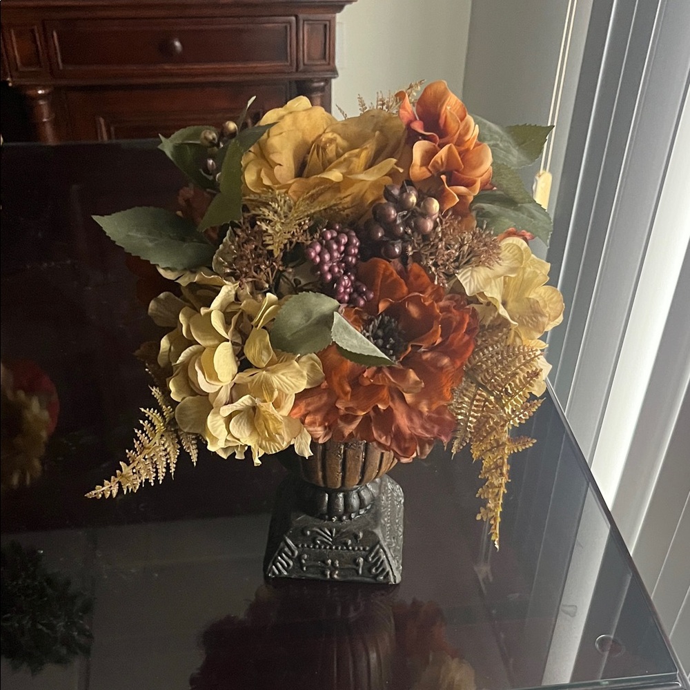 Elegant Autumn Faux Floral Display in dark brown two toned Vase